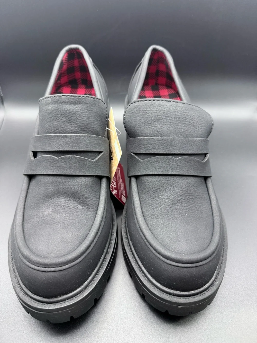 Muk Luks - Black Lug Heel Penny Loafers with Red Plaid Lining